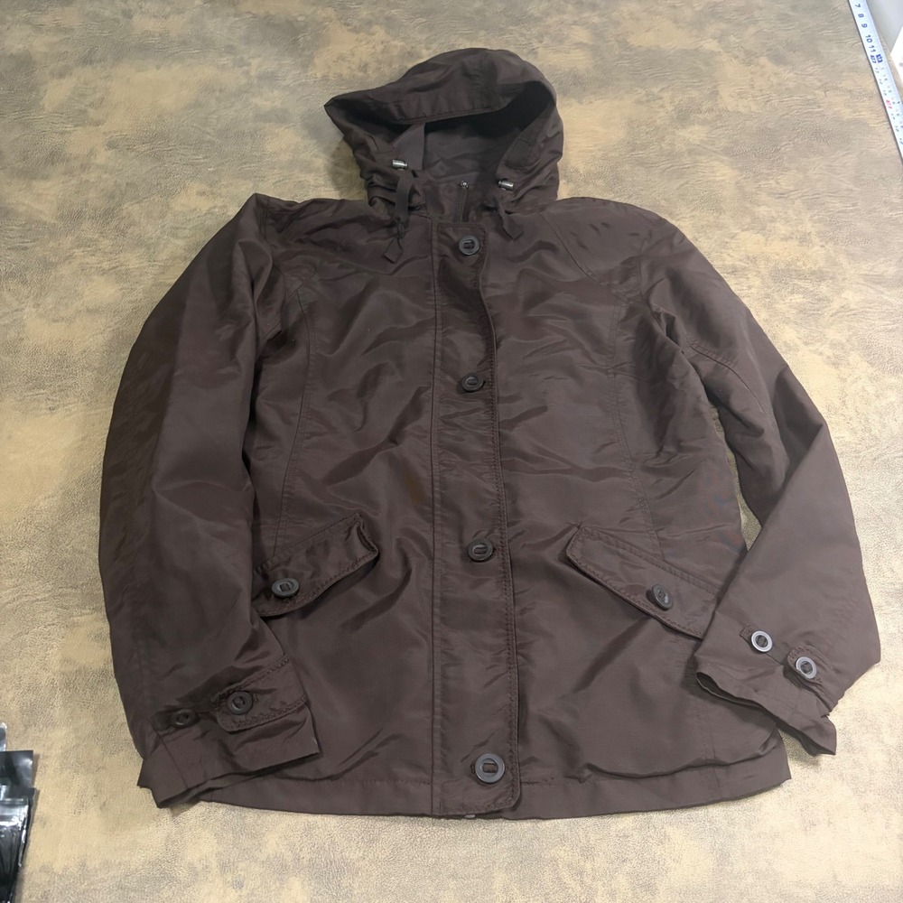 Lands End Hooded Rain Jacket Women Small Brown Full Zip Utility Anorak 393080
